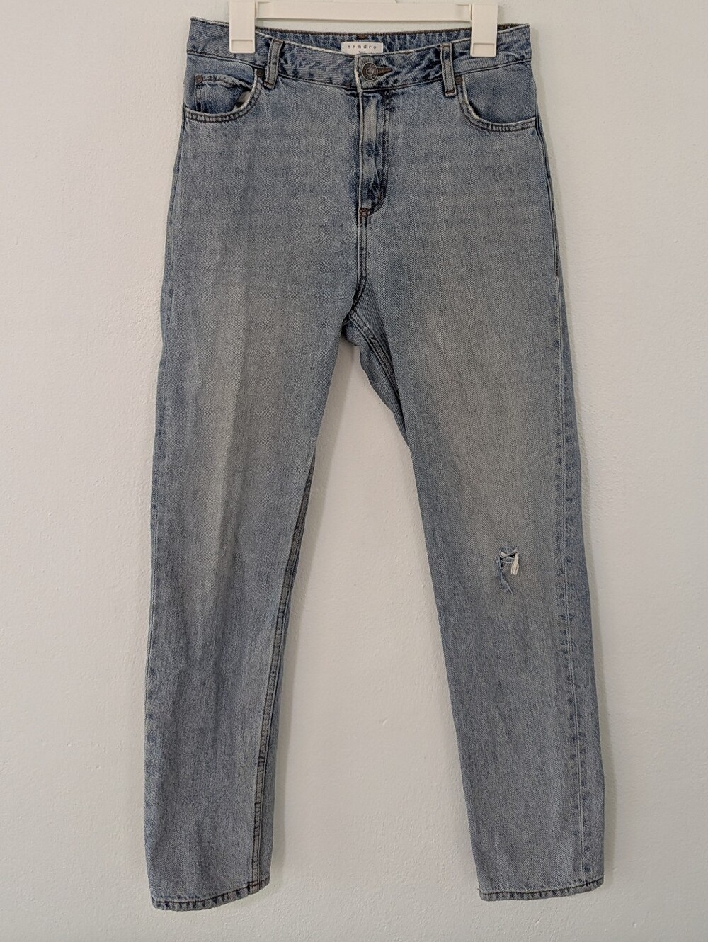 Sandro Straight Leg Denim Jeans High Waisted Faded Distressed Size EU 40 US 32
